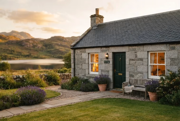 An Cùil from the track — a low stone cottage under slate, its gable to the water