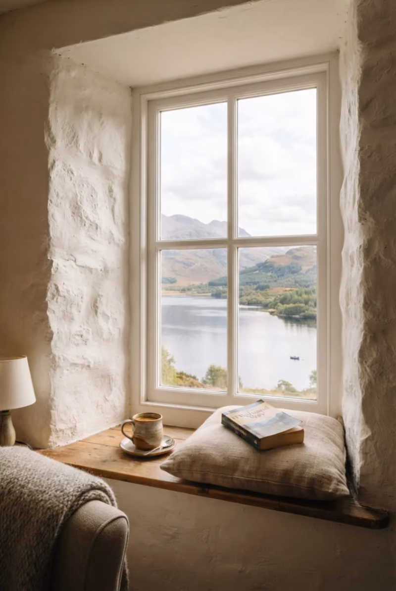 The window seat in An Cùil, looking out over the water