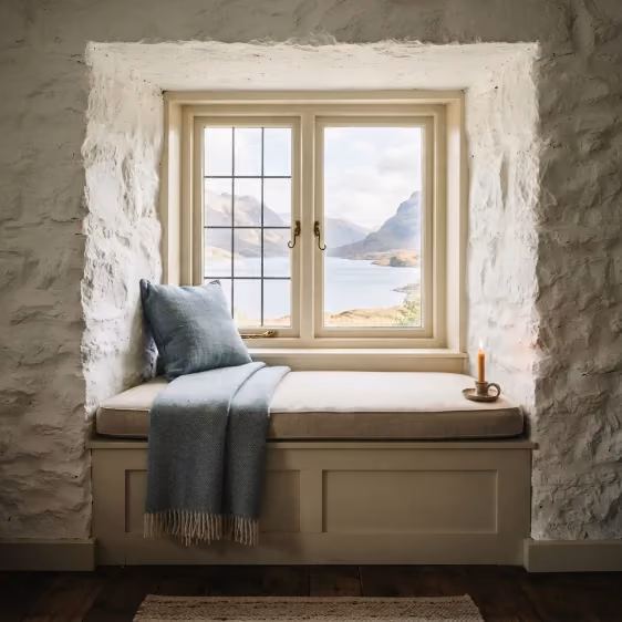 The deep window seat under the gable window