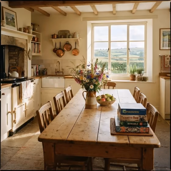 The long kitchen table, laid for six