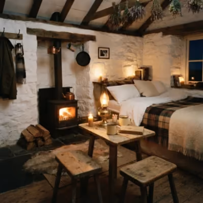 The inside of the bothy by solar lamp