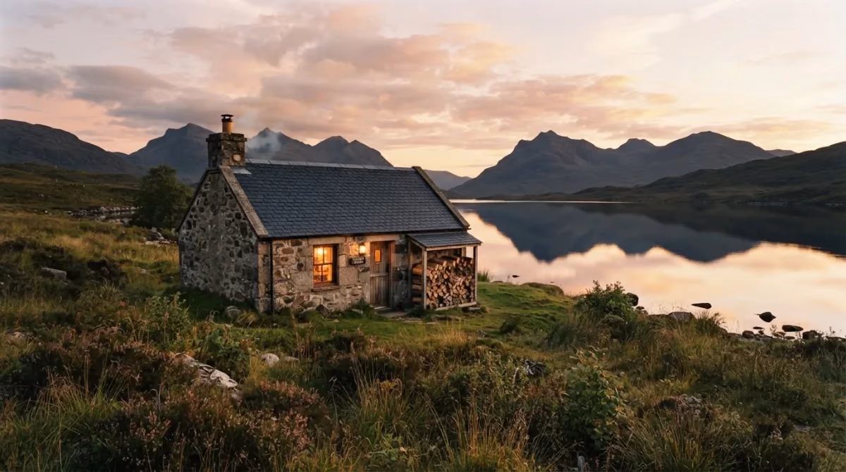 The Shepherd's Bothy seen wide, alone above the shore