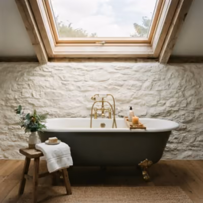 The cast-iron bath under its skylight
