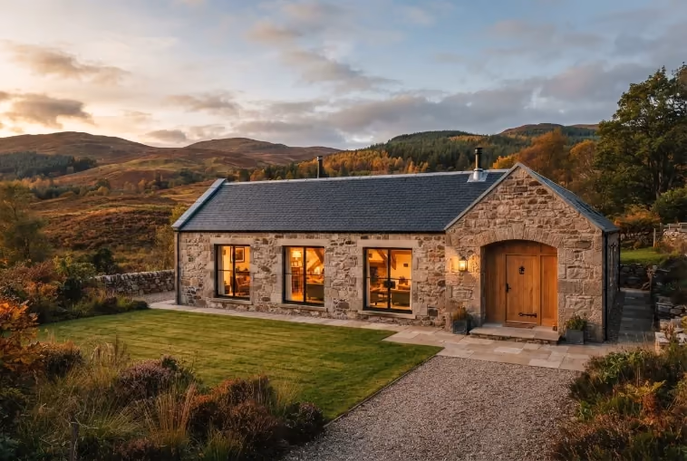 Fasgadh Byre, the old cattle byre re-roofed, with wide doors onto the yard