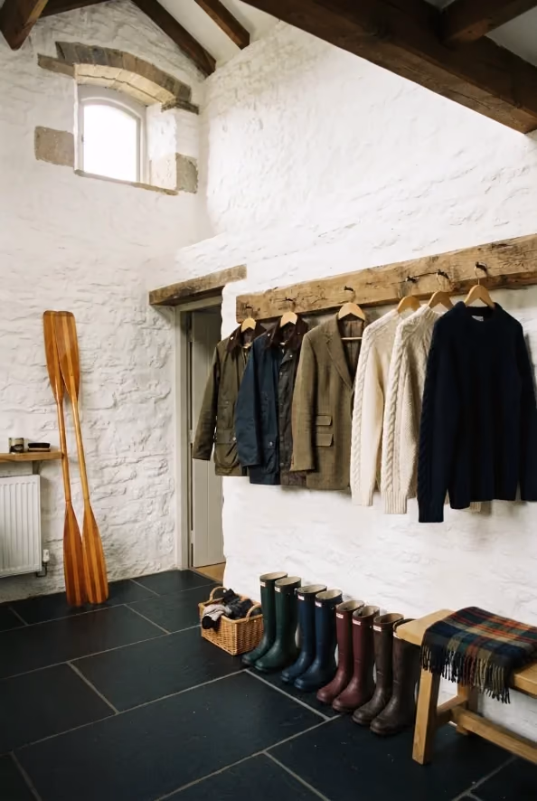 The drying room, boots and oars against the wall