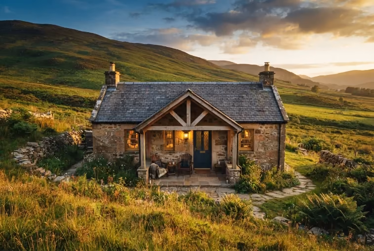 Dubh Loch, a stone cottage with a deep porch, facing away from the water