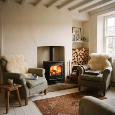 The stove alight in the Dubh Loch sitting room