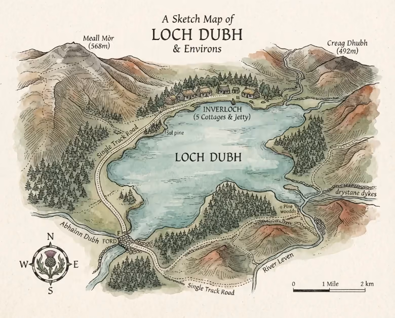 A drawn locator map: the loch, the track from the postbox, and the croft on the north shore