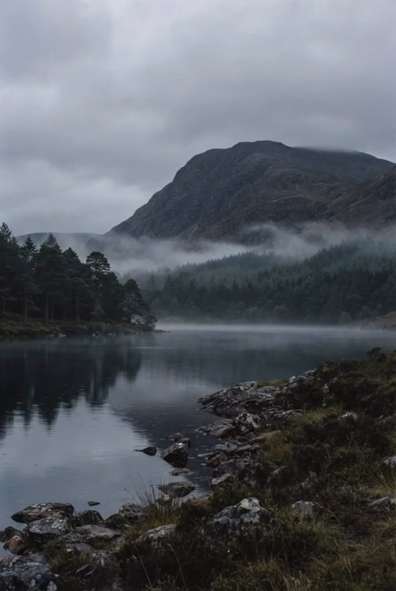 Loch Ardvain at first light, the water flat and the far shore still in shadow