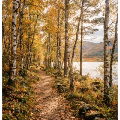 The shore path running through birch wood
