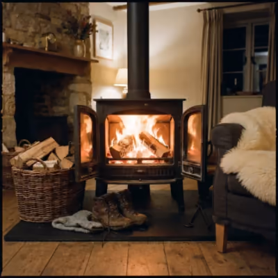 A lit woodstove with walking boots drying beside it
